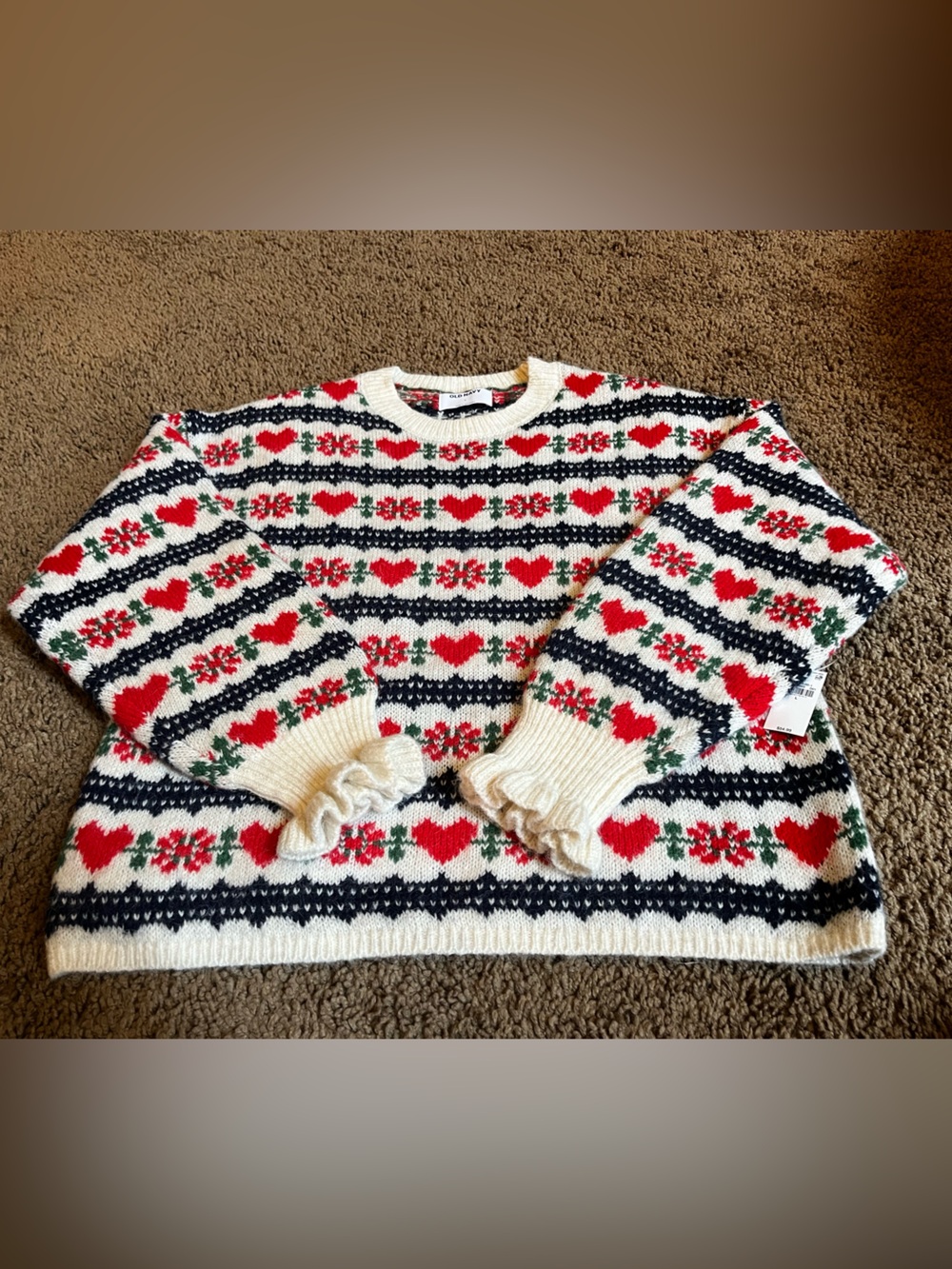 Old Navy Cozy Heart & Snowflake Pattern Women's Sweater - Cream, Red, Navy